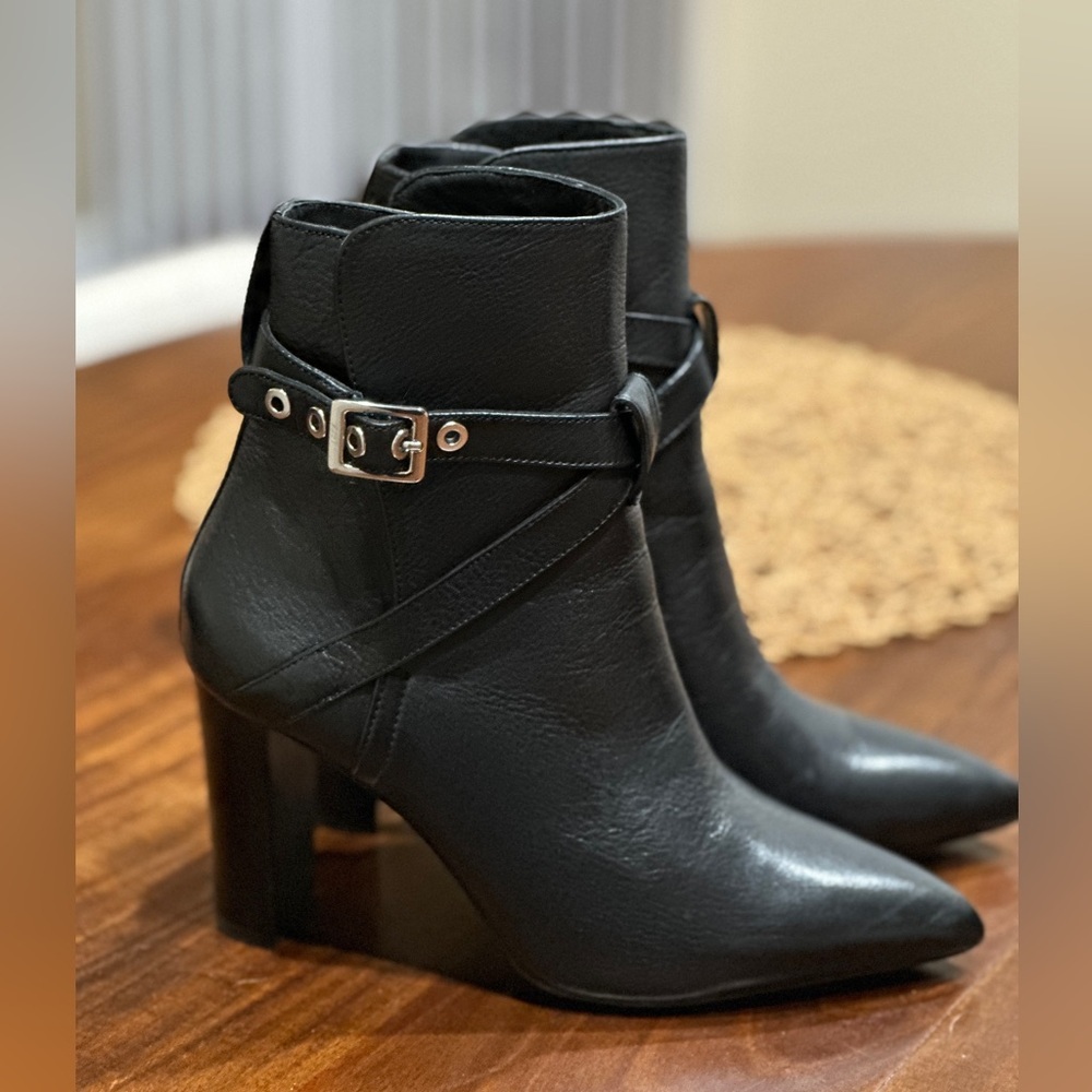 Paige Camille Pointed Toe Black Leather Buckle Straps Boots